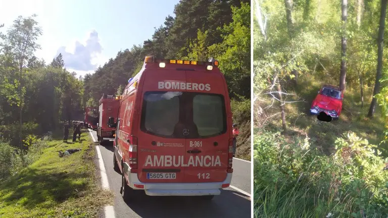 Coche clásico, modelo Triumph, accidentado en el puerto de Esquíroz en la N-135 BOMBEROS