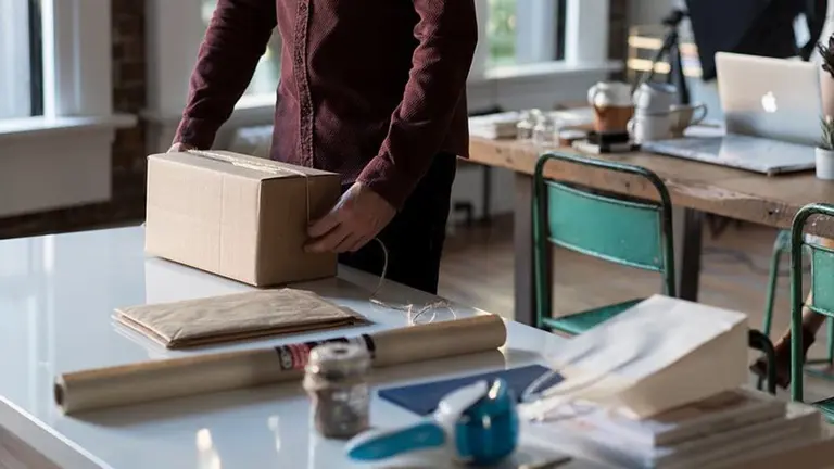 Una persona abre un paquete en una oficina ARCHIVO