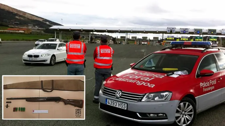 Montaje con la escopeta incautada en un control de la Policía Foral