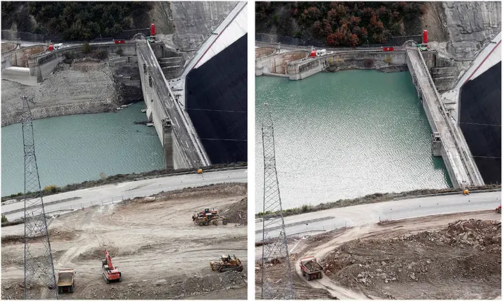 GRAFCAV914. YESA (NAVARRA), 05/12/2019.- Combo de imágenes del pantano de Yesa, la imagen izquierda corresponde al 1 de noviembre y la derecha muestra el estado actual del embalse. Tras un mes de lluvias intensas en la comunidad foral el pantano que a primeros de noviembre solo tenía un 15% de sus reservas a día de hoy presenta un 65% de su capacidad total. EFE/ Jesus Diges
