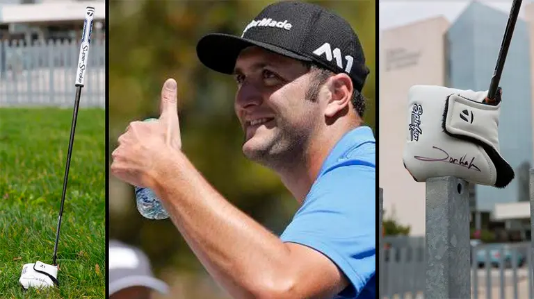 El golfista Jon Rahm, junto al palo que ha donado para la subasta benéfica de la Clínica Universidad de Navarra CEDIDA