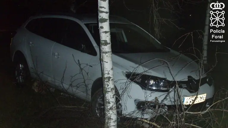 Un coche choca contra un árbol en Salinas de Pamplona. POLICÍA FORAL