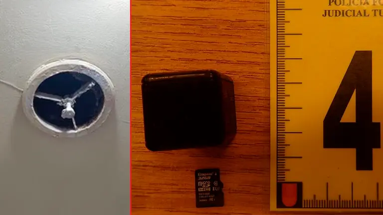 Conducto del aire acondicionado donde estaba oculta la cámara y los objetos intervenidos en Villafranca POLICÍA FORAL