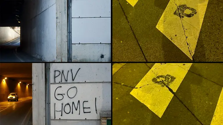 Facahda con la pintada del PNV borrada, y las pintadas proetarras todavía visibles en Pamplona