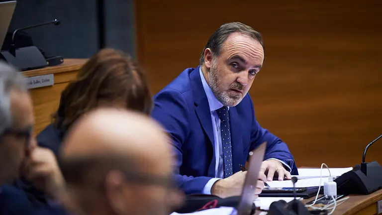 Javier Esparza, portavoz de Navarra Suma, durante el pleno parlamentario. MIGUEL OSÉS