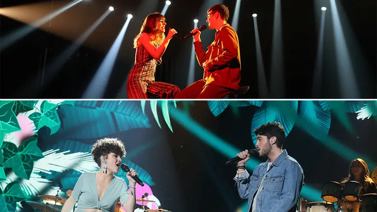 Arriba, la actuación de la pamplonesa Maialen Gurbindo junto a Flavio y, abajo, la navarra Anne Lukin junto a Rafa. RTVE