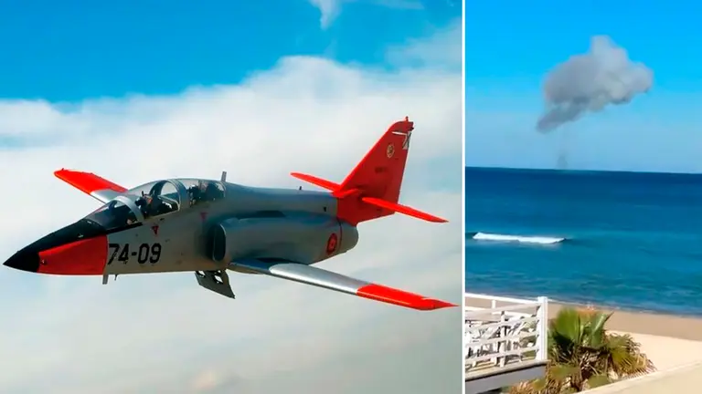 Montaje de un avión C - 101 del Ejército del Aire y primeras imágenes del accidente en La Manga. EJÉRCITO - TWITTER