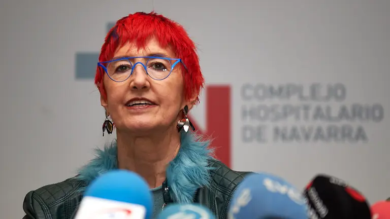 La consejera de Salud, Santos Induráin, ofrece una rueda de prensa para informar del primer caso positivo de coronavirus detectado en Navarra. MIGUEL OSÉS