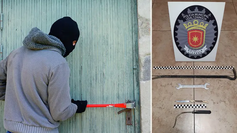 Montaje de un ladrón intentando forzar una puerta de entrada a una vivienda y los utensilios requisados a los dos detenidos en Estella. ARCHIVO - CEDIDA
