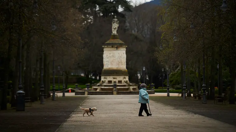 Una persona pasea a su mascota durante el confinaiento en el tercer día del Estado de alerta por el coronavirus. PABLO LASAOSA