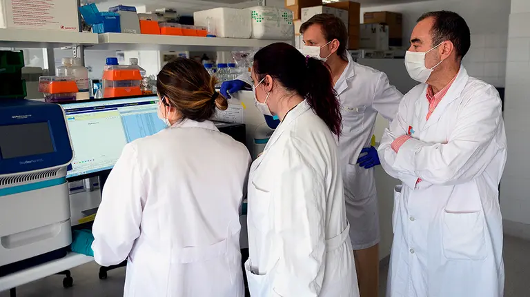 El presidente de la Sociedad Española de Inmunología (SEI), Marcos López Hoyos (d) junto a parte de su equipo, tras la entrevista con la Agencia Efe en Santander en la que ha alertado de que las infecciones por virus que producen pandemias &#34;cada vez serán más frecuentes&#34;, por lo que considera que se deben destinar mas recursos a la investigación; y, en el caso del coronavirus, ha adelantado que cuando se disponga de una vacuna habrá que incorporarla al &#34;calendario vacunal&#34;, porque &#34;probablemente este virus se quede con nosotros&#34;. EFE/Pedro Puente hoyos.