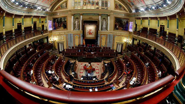 General view taken with eyefish lens effect of the Lower Chamber during the plenary session at Spanish Parliament, in Madrid, Spain, 09 April 2020. The session is to be focused in passing a new extension of the state of alarm due to coronavirus outbreak. EFE/Mariscal POOL
