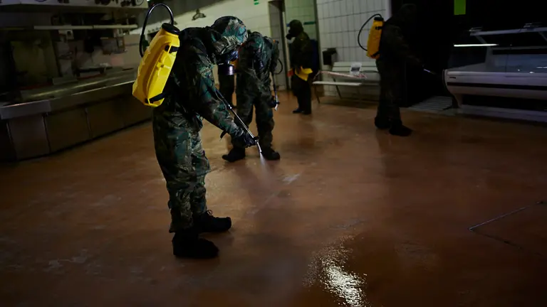Efectivos militares del regimiento América 66 del Ejército de España de Pamplona desinfectan del mercado del Segundo Ensanche durante la crisis del coronavirus. PABLO LASAOSA
