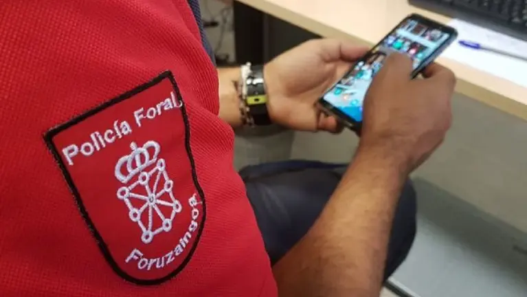 Un agente de la Policía Foral con un móvil investiga una estafa informática. POLICÍA FORAL