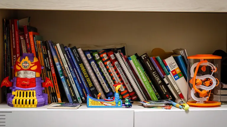 Estantería de un niño en su cuarto con libros y juguetes cuando queda tan solo una semana para que niños y preadolescentes puedan salir a la calle durante el confinamiento por el coronavirus, en Valdemoro/Madrid (España) a 20 de abril de 2020.

COVID-19;PANDEMIA;ENFERMEDAD;CORONAVIRUS;CONFINAMIENTO;INFANCIA

20/4/2020
