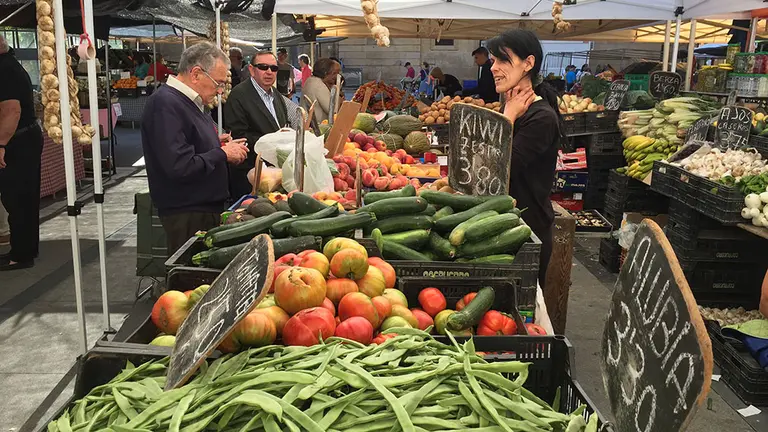 El tradicional mercadillo de los jueves en la Plaza de los Fueros de Estella. Navarra.com