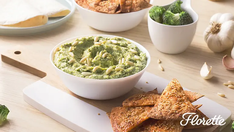 Hummus de brócoli para saciar el apetito entre horas. Florette.
