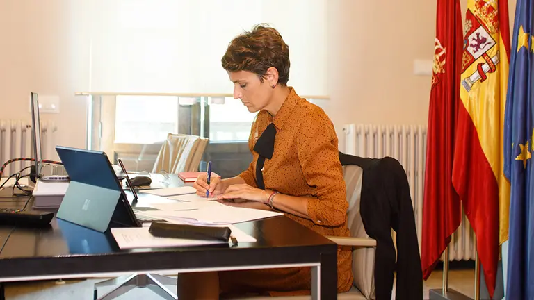 María Chivite, durante la videoconferencia con Pedro Sánchez GOBIERNO DE NAVARRA