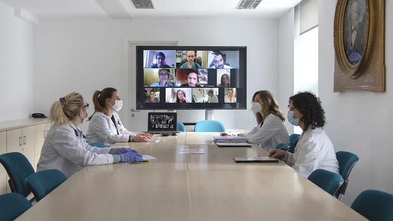 Patricia Fanlo (Medicina Interna, CHN), Ruth García Y Eva Zalba (Navarrabiomed) Y Beatriz Larrayoz (Farmacia, CHN) En Una Reunión Telemática Con Los Centros Participantes En El Ensayo - GOBIERNO