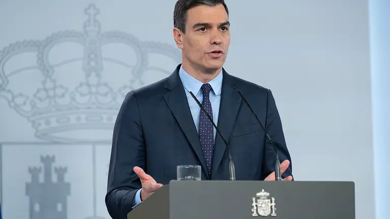 El presidente del Gobierno, Pedro Sánchez, durante su comparecencia para dar cuenta de las últimas determinaciones sobre la crisis del Covid-19. En Madrid, (España), a 9 de mayo de 2020.

09 MAYO 2020;COVID19;PEDRO SANCHEZ;MADRID;MONCLOA;COVID19;COMPARECENCIA

9/5/2020