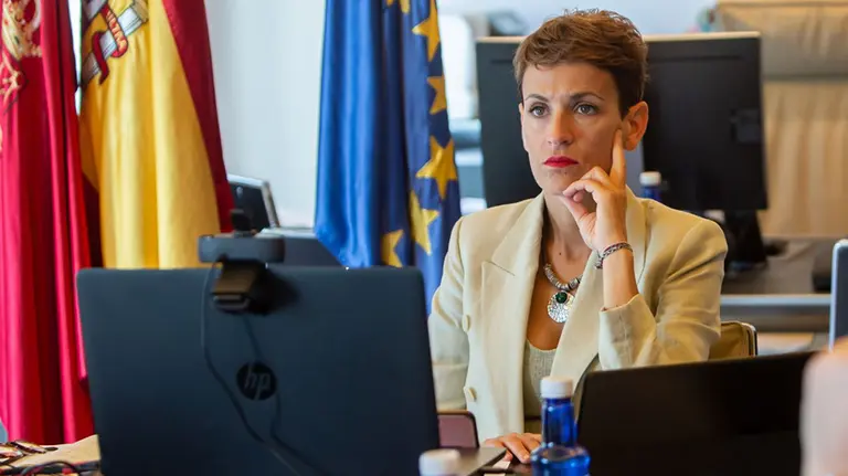 María Chivite, durante la videoconferencia de presidentes autonómicos con Pedro Sánchez GOBIERNO DE NAVARRA