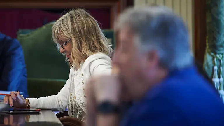 María Caballero y Joseba Asirón en el pleno del Ayuntamiento de Pamplona. PABLO LASAOSA