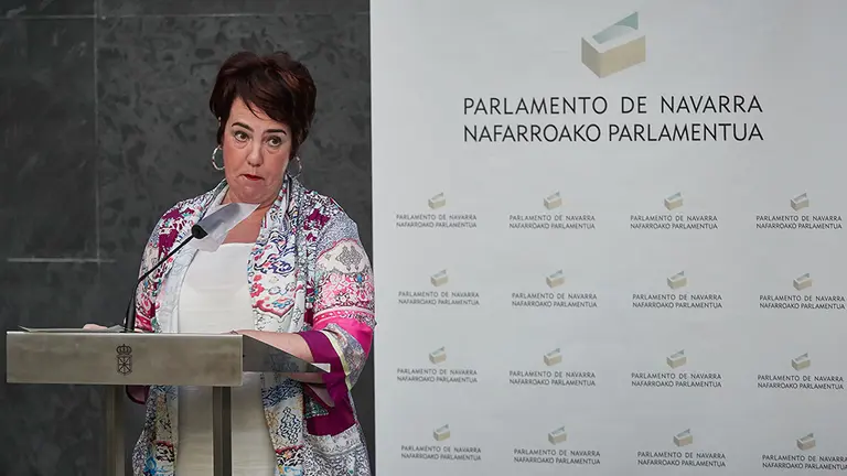 La parlamentaria de Podemos, Ainhoa Aznárez, responde a los medios en la rueda de prensa tras el pleno en el Parlamento de Navarra donde la presidenta del Gobierno de Navarra, María Chivite, ha defendido el endeudamiento como uno de los medios para afrontar los efectos de la crisis del coronavirus y ha reclamado también que los ayuntamientos puedan disponer de su superávit para tener liquidez y destinar esos fondos a políticas de corte social o de empleo. En Pamplona, Navarra, (España), a 28 de mayo de 2020.

28 MAYO 2020;PARLAMENTO NAVARRA;CHIVITE;POLITICA;PAMPLONA

28/5/2020