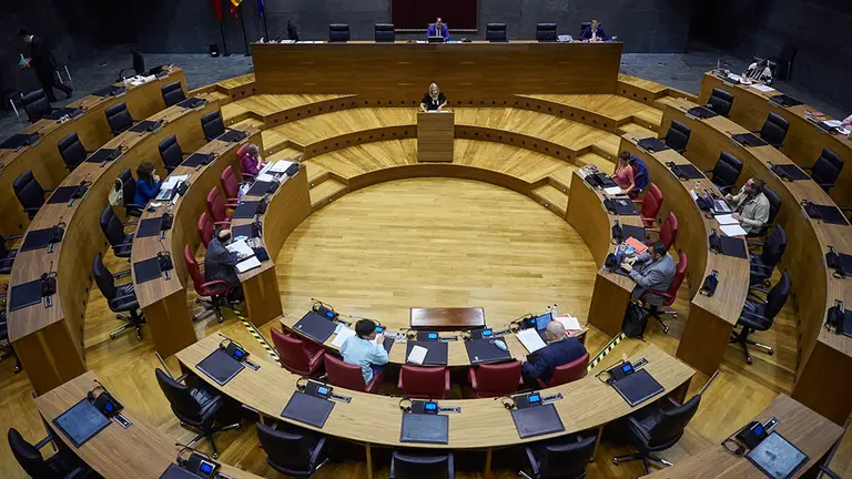 Vista general del pleno en el Parlamento de Navarra donde la presidenta del Gobierno de Navarra, María Chivite, ha defendido el endeudamiento como uno de los medios para afrontar los efectos de la crisis del coronavirus y ha reclamado también que los ayuntamientos puedan disponer de su superávit para tener liquidez y destinar esos fondos a políticas de corte social o de empleo. En Pamplona, Navarra, (España), a 28 de mayo de 2020.

28 MAYO 2020;PARLAMENTO NAVARRA;CHIVITE;POLITICA;PAMPLONA

28/5/2020