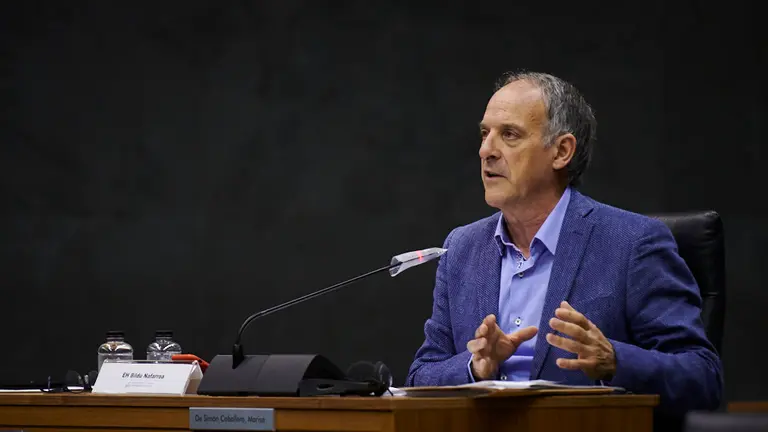 Adolfo Araiz, de EH Bildu, durante el debate y votación del plan reactivar Navarra. PABLO LASAOSA