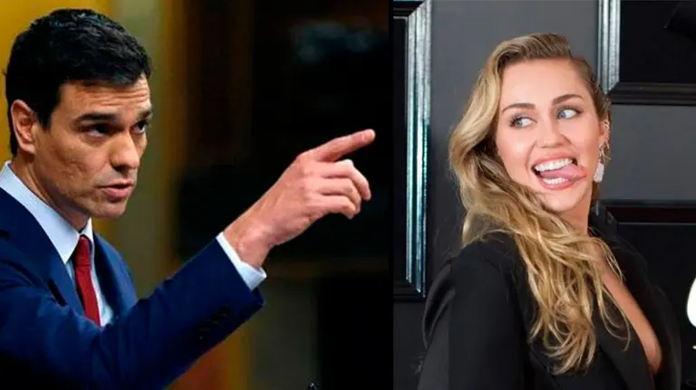 Pedro Sánchez, junto a una imagen de la cantante Miley Cyrus. EFE.