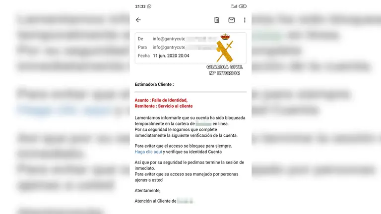 Correo electrónico estafa recibido por una persona en Navarra GUARDIA CIVIL 