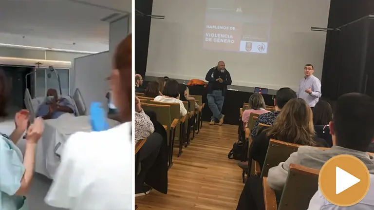 Damián, agente de la Policía Foral, durante una charla en el colegio Sagrado Corazón de Pamplona (player) TWITTER