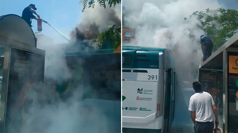 Incendio en la parte superior de una villavesa en Pamplona. POLICÍA MUNICIPAL