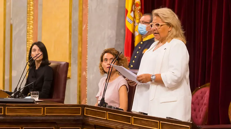 La vicepresidenta de la Fundación Víctimas del Terrorismo, Ángeles Pedraza, interviene en el acto en recuerdo y homenaje a las víctimas del terrorismo, donde ha pedido ante la presencia de medio Gobierno y de diputados, que no se utilice la aritmética parlamentaria como coartada para blanquear a EH Bildu, a quien ha pedido no reconocer como "actor político" por no haber condenado los atentados de ETA. En Madrid, (España), a 27 de junio de 2020.

27 JUNIO 2020;CONGRESO DE LOS DIPUTADOS;VICTIMAS TERRORISMO;MADRID;AVT

27/6/2020
