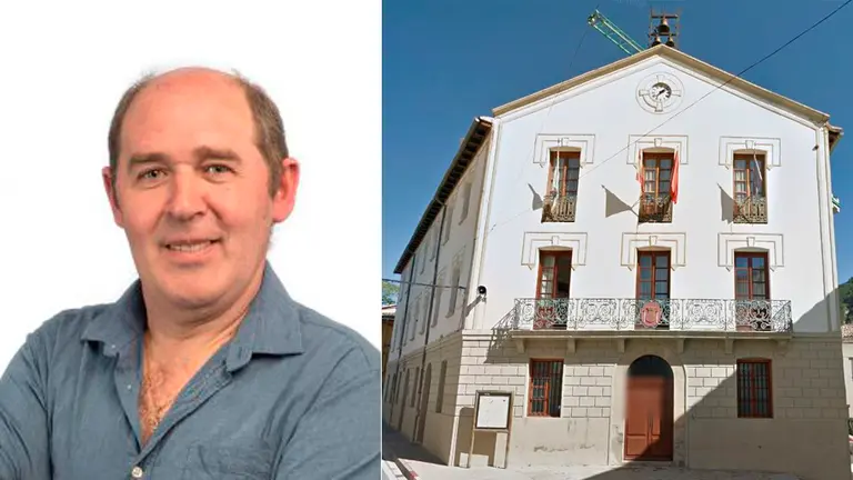 El alcalde de Aoiz, Ángel Unzué, junto a una imagen del Ayuntamiento de la localidad. MONTAJE NAVARRA.COM