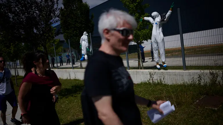 Rueda de prensa del comité de empresa la planta de Siemens Gamesa por el cierre de la fábrica de Aoiz. PABLO LASAOSA