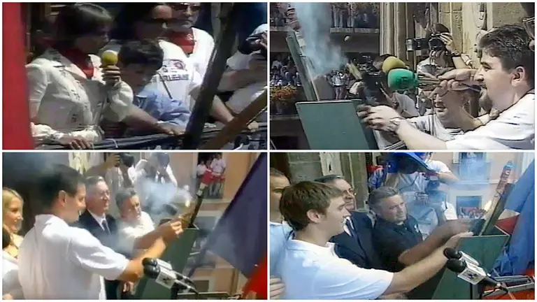 Elisa Chacartegui (1981), José Javier Echeverría (1995), César Palacios (2000) y Roberto Jiménez (2002) en el momento de lanzar el Chupinazo de San Fermín