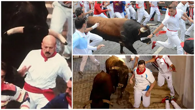 Los corredores Eguíluz, Azpilicueta y Lecuona, en distintos encierros de San Fermín. ARCHIVO