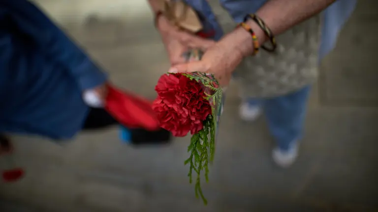 Con el lema "Claveles para Germán, Juicio para Martín Villa", la iniciativa Sanfermines 78 gogoan! homenajea a Germán Rodríguez, Joseba Barandiaran y todas las personas que resultaron heridas en los Sanfermines de 1978. MIGUEL OSÉS