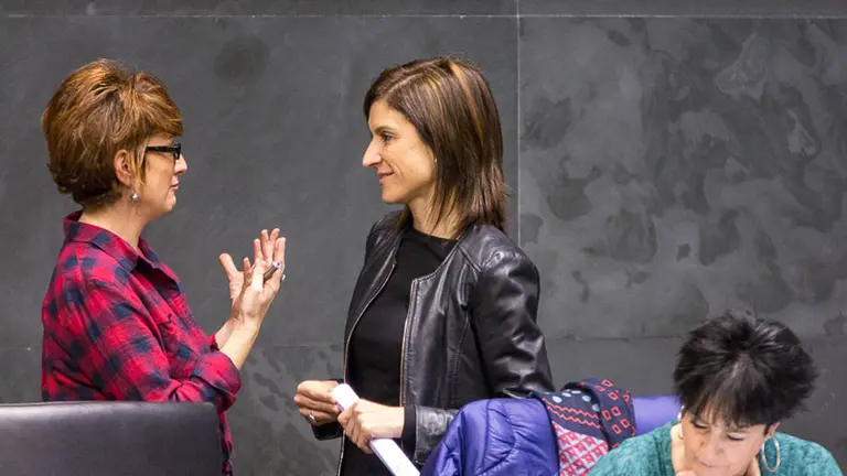 Nuria Medina (PSN), a la derecha, conversa en un pleno junto a Bakartxo Ruiz (EH Bildu). IÑIGO ALZUGARAY