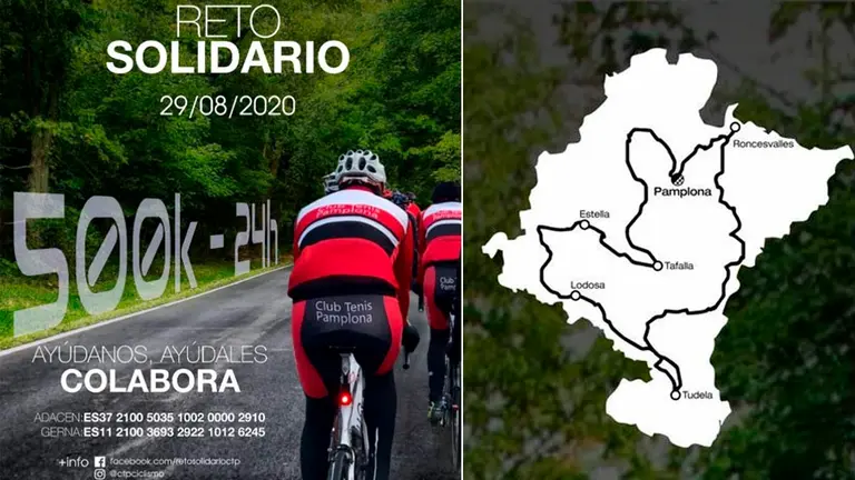 Montaje con el cartel y recorrido del reto solidario-deportivo del Club Cicloturista Tenis Pamplona RETO SOLIDARIO CTP
