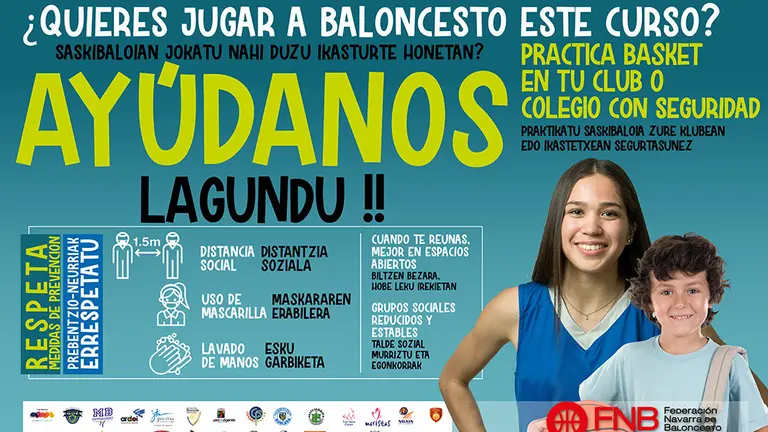 Cartel de la nueva campaña de la Federación Navarra de Baloncesto, &#39;Practica basket seguro&#39;. FNB