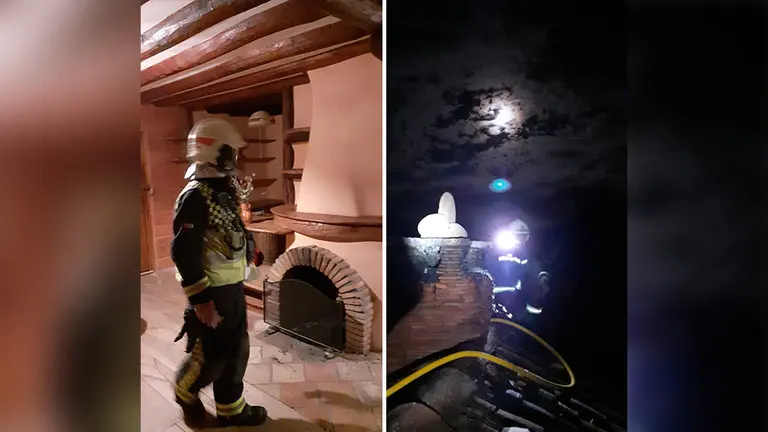 Bomberos trabajan para sofocar las llamas en una casa de madera del camping de Artaza, en Navarra. TWITTER