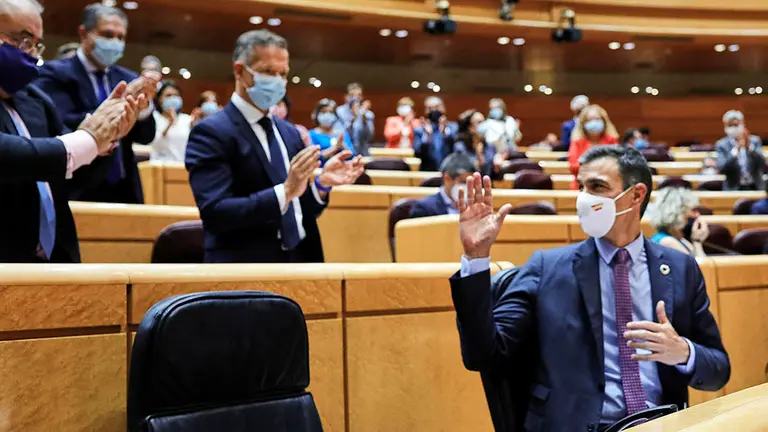 El presidente del Gobierno, Pedro Sánchez, comparece ante el Pleno del Senado, tras el parón estival, en Madrid (España), a 8 de septiembre de 2020. Sánchez comparece a petición propia en la Cámara Alta para explicar las líneas generales de actuación del Gobierno en dos líneas generales: la gestión de la pandemia del coronavirus y su apuesta por aprobar los presupuestos del año que viene.

08 SEPTIEMBRE 2020

8/9/2020