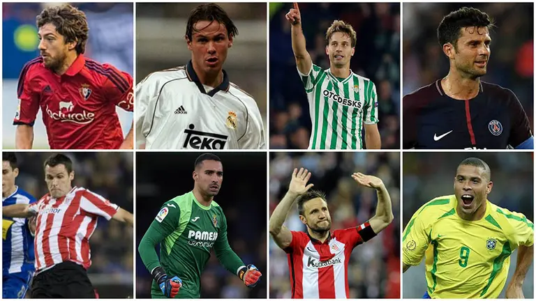 De izquierda a derecha y de arriba a abajo: Sisi, Fernando Redondo, Canales, Thiago Motta, Pablo Orbaiz, Sergio Asenjo, Carlos Gurpegui y Ronaldo Nazario. ARCHIVO