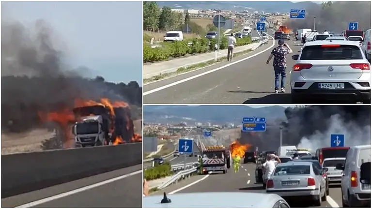 Un camión de paja arde en la autovía del Camino que une Pamplona con Estella en el término municipal de Astráin en sentido Pamplona, muy cerca de Zizur Mayor. CEDIDA