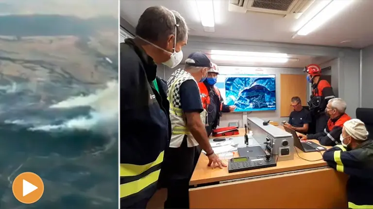 Montaje con el incendio de Lónguida visto desde el aire y la reunión de  responsables del Servicio de Bomberos estudiando la evolución del fuego (PLAYER) GOB NAVARRA