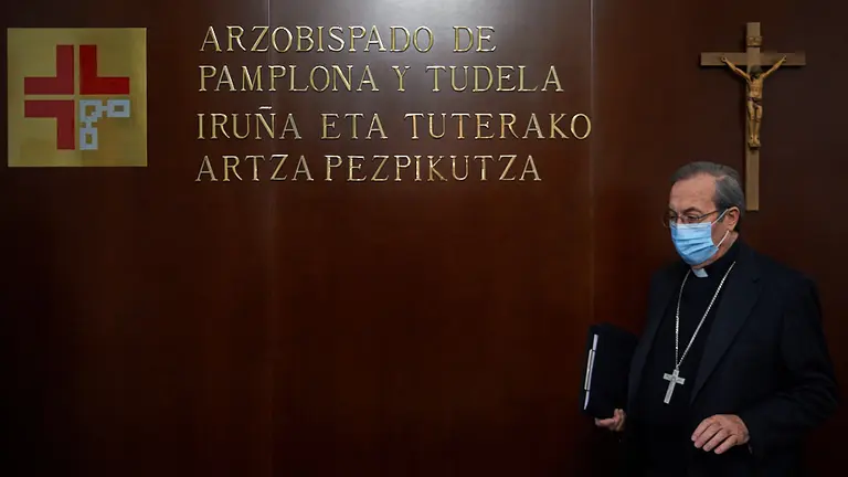 El arzobispo de Pamplona y obispo de Tudela, Francisco Pérez, participa en la presentación del Domund 2020. MIGUEL OSÉS