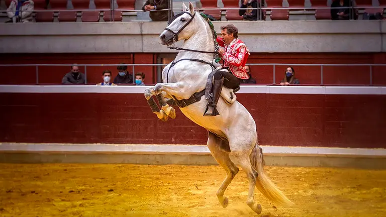 El rejoneador Pablo Hermoso de Mendoza, este jueves en la plaza de toros de La Ribera, en Logroño, en el primero de los tres festejos incluidos en la &#34;Gira de la reconstrucción&#34; en el coso de la capital riojana. EFE/Raquel Manzanares
