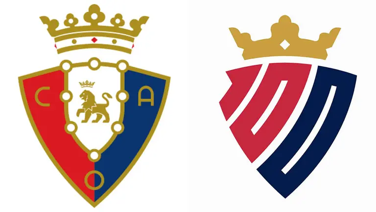 Los dos escudos de Osasuna que marcan el año del centenario: el original y actual y el diseñado para la efeméride.